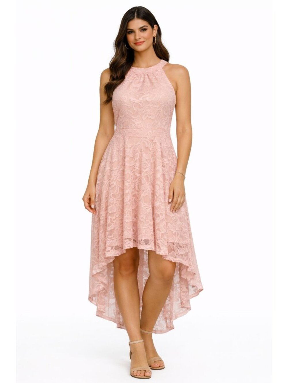 BeryLove Women Large Pink Floral Lace Halter Hi Low Midi Dress Sleeveless Zip